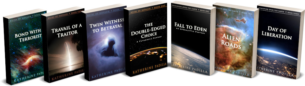 Mockup of Heirs of Novaun  and Dominion Over the Earth Christian science fiction book series by Katherine Padilla, published by Novaun Novels