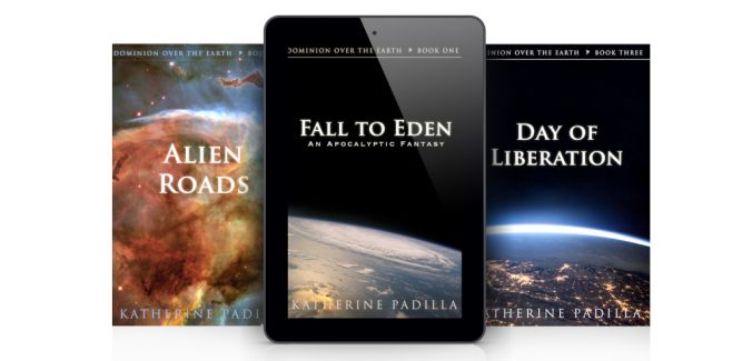 Mockup of Dominion Over the Earth series featuring Book 1, Fall to Eden, by Katherine Padilla, published by Novaun Novels