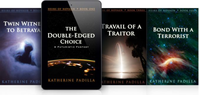 Mockup of the Heirs of Novaun series, featuring Book 1, The Double-Edged Choice, by Katherine Padilla, published by Novaun Novels
