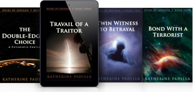 Mockup of the Heirs of Novaun series, featuring Book 3, Travail of a Traitor, by Katherine Padilla, published by Novaun Novels