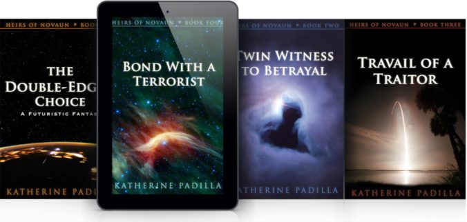 Mockup of Heirs of Novaun series, featuring Book 4 Bond With a Terrorist, by Katherine Padilla, published by Novaun Novels