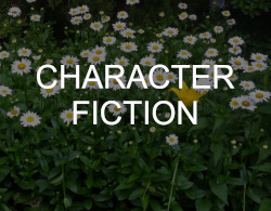 "Character Fiction" over a photo picturing a field of daisies with one unique yellow flower