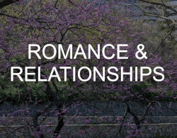 "Romance & Relationships" over a photo picturing purple flowering trees in front of a gray rock wall with a cityscape in the background