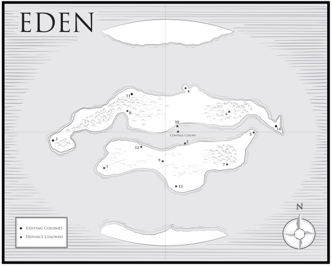 Map of the planet Eden as described in Alien Roads, by Katherine Padilla, published by Novaun Novels